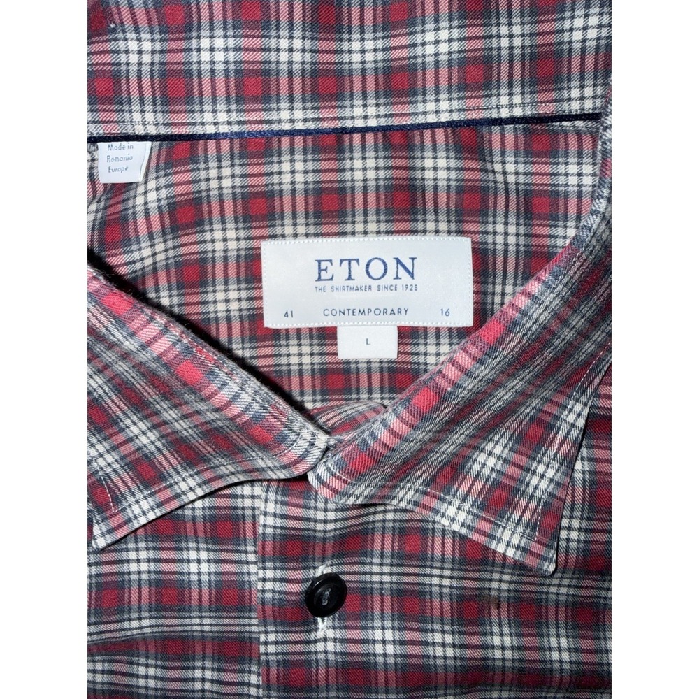ETON Men's Contemporary Red Plaid Cotton Fine Twill‎ Dress Shirt Size L 16x35 - Picture 3 of 9